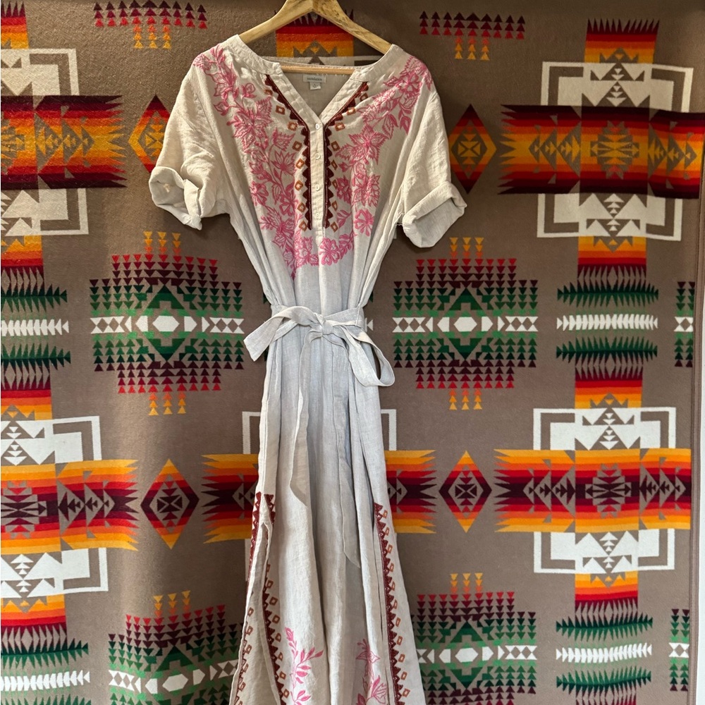 Embroidered White and Pink Maxi Dress